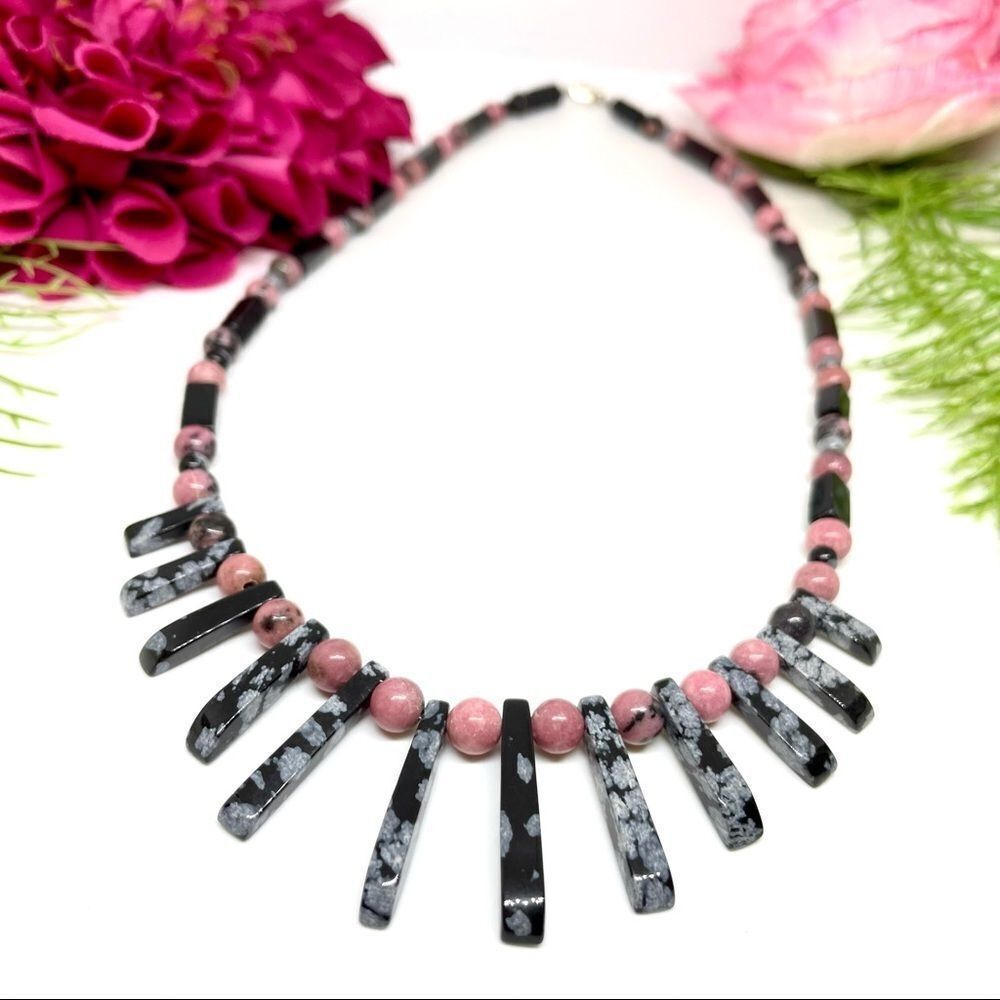 ⚜️RHODONITE SNOWFLAKE OBSIDIAN & ONYX Art Deco Stone Necklace - Picture 2 of 16